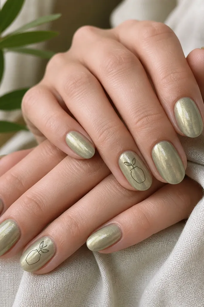 Sage chrome almond nails that shimmer green-gold. On the ring fingers, there is a thin outline of a small pot in darker green ink near the center, with two short leaf strokes above it.