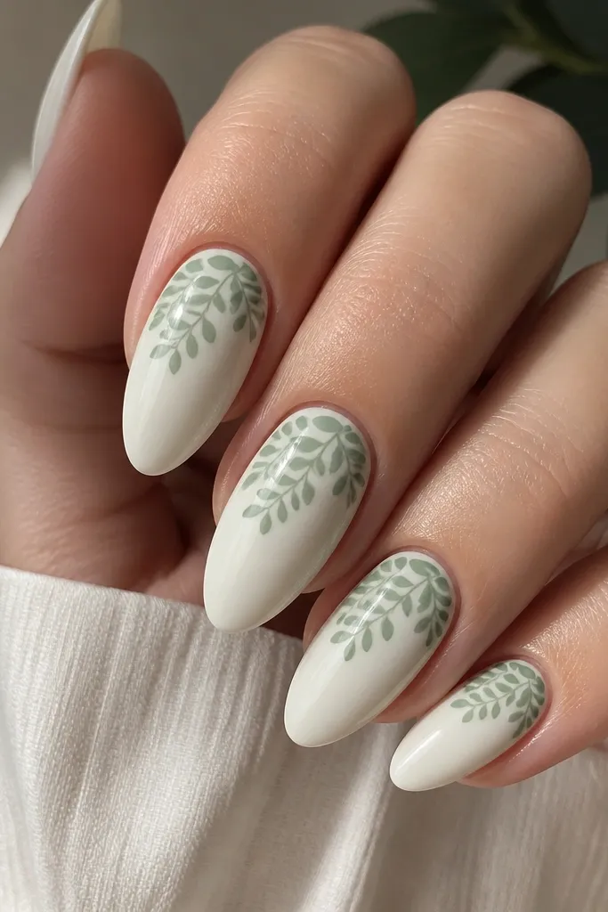 Milky white almond nails with glossy finish. Each nail has a repeating stamped leaf pattern in sage green near the upper half, with clean edges and a crisp print look.