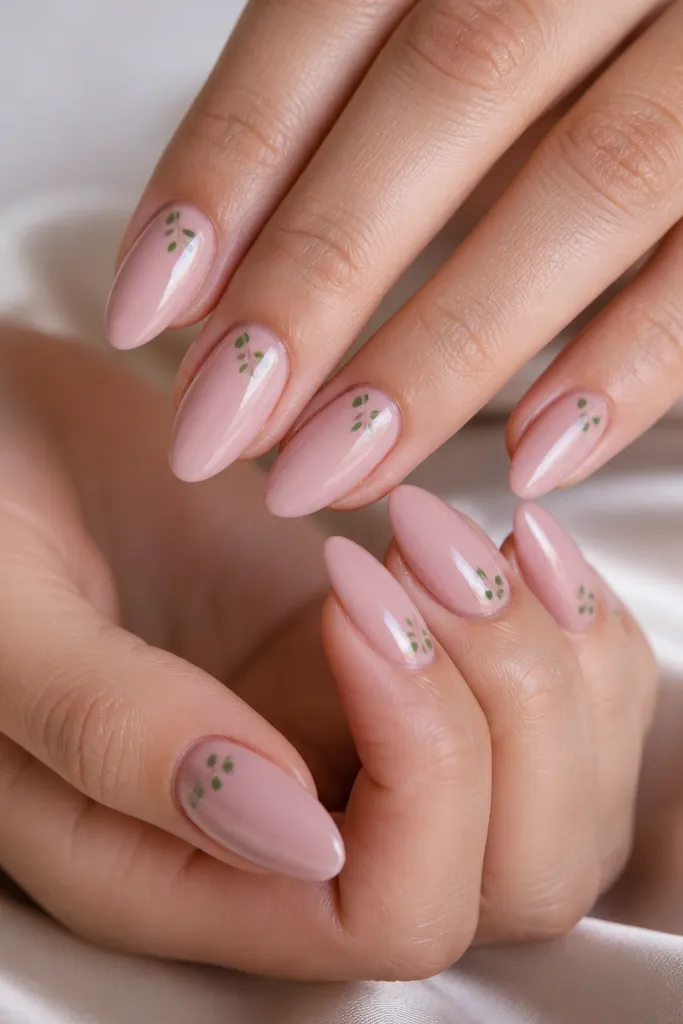 Rose nude almond nails in a soft pink. Along one side of each nail there are three tiny green dots shaped like leaf tips, arranged vertically from near the cuticle toward mid-nail.