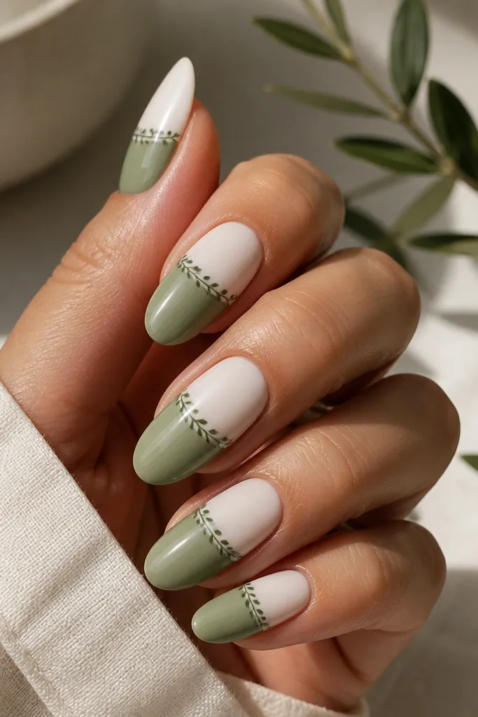Almond nails split into two tones: sage color on the lower half and milky white on the upper half. There is a thin leaf border line at the split, drawn in dark green, with small leaf tips pointing upward.