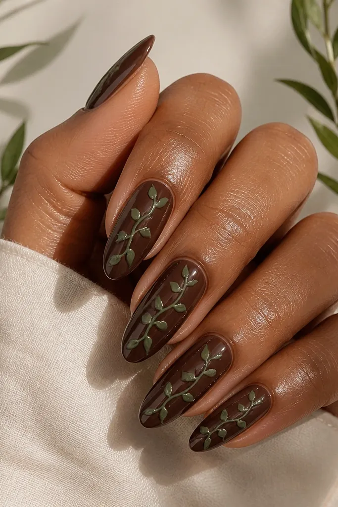 Chocolate brown glossy almond nails. A glossy green vine runs diagonally across each nail from near the cuticle to the tip, with small leaf pairs branching off along the vine.