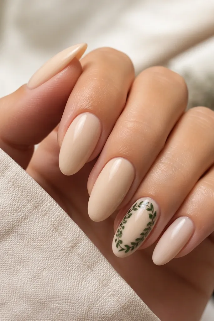 Creamy nude almond nails. On the ring finger there is an emerald green leaf frame drawn like a border around the nail center, with tiny veins on each leaf and a glossy finish.