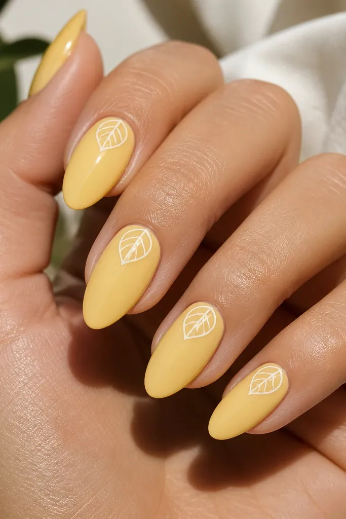 Sunscreen yellow almond nails with glossy shine. Each nail has a thin white outline of a leaf shape near the cuticle, with a few white vein lines inside the outline.