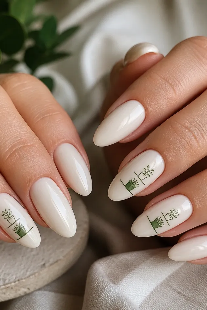 Creamy white almond nails with glossy finish. On two nails per hand there is a drawn mini shelf line in sage, with two small plant pots stacked on it, each pot outlined in dark green.