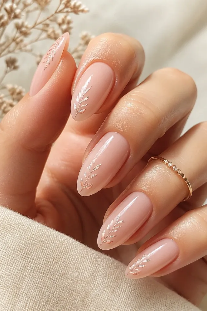 Clear pink almond nails with a glassy finish. Tiny rose-gold leaf micro lines run along the side of each nail, forming small leaf pairs near the cuticle and tapering off toward mid-nail.