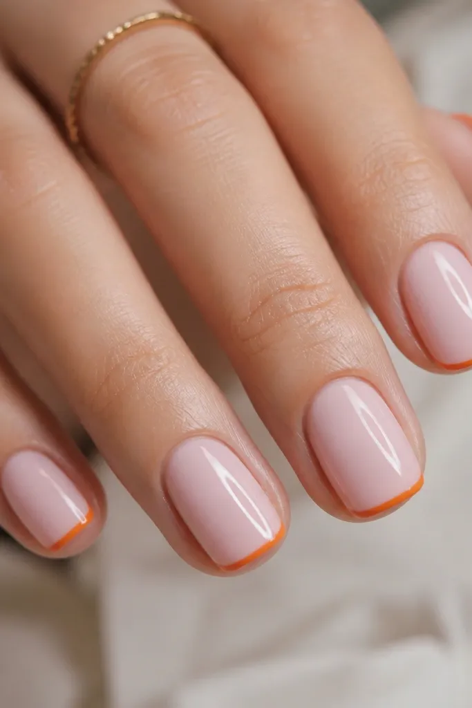 Close-up of short squoval nails painted milky pink, each with a very thin orange French line at the very tip. The orange is crisp and narrow, and the rest of the nail is glossy and clean.