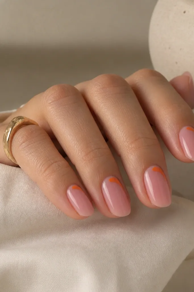Short almond nails with glossy pink jelly polish. Each nail has a small orange half-moon at the cuticle side, like a corner accent, with clean negative space around it.