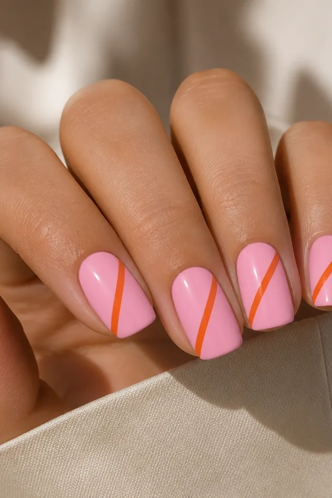 Squoval nails painted soft opaque pink. A single diagonal orange stripe runs from the lower left near the cuticle to the upper right near the tip, with a crisp edge and glossy finish.