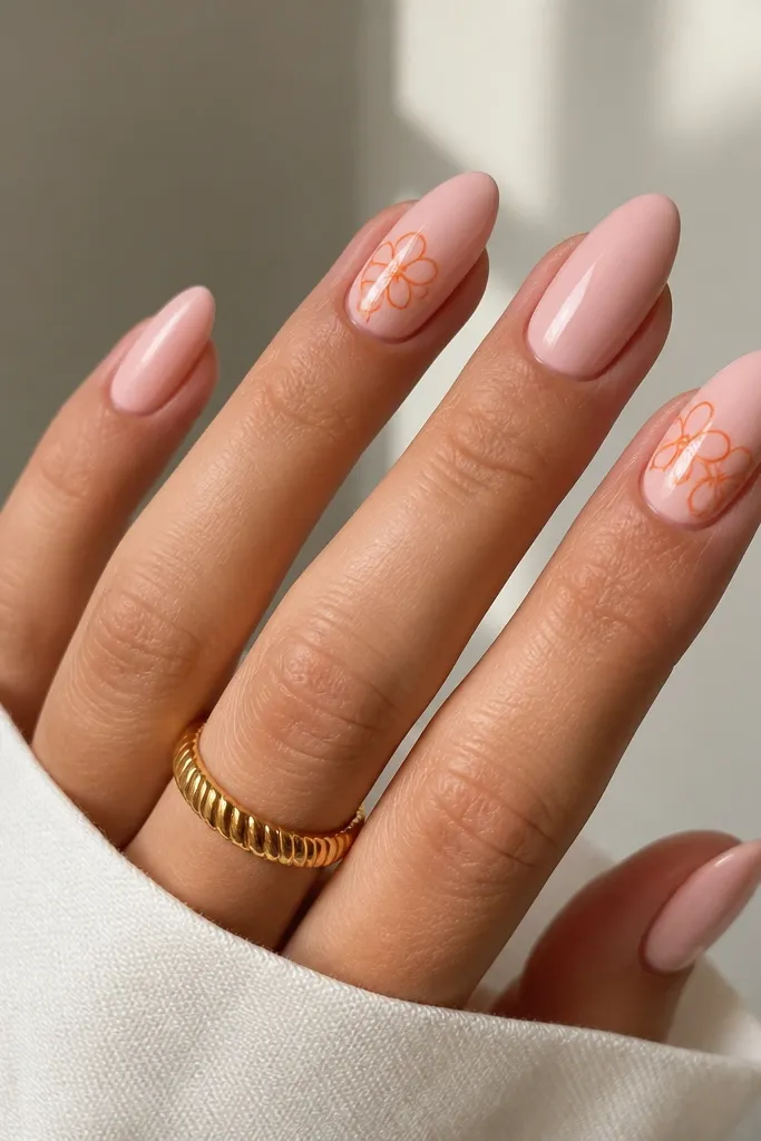 Medium almond nails in milky pink with tiny orange blossom outlines on two accent nails. Each flower has a simple looped center and petal outlines, leaving the rest of the nail plain.