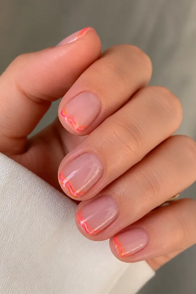 Short square nails with a sheer clear-pink base. At the tips there are thin swirling lines in orange and pink, like candy swirls, with glossy top coat.