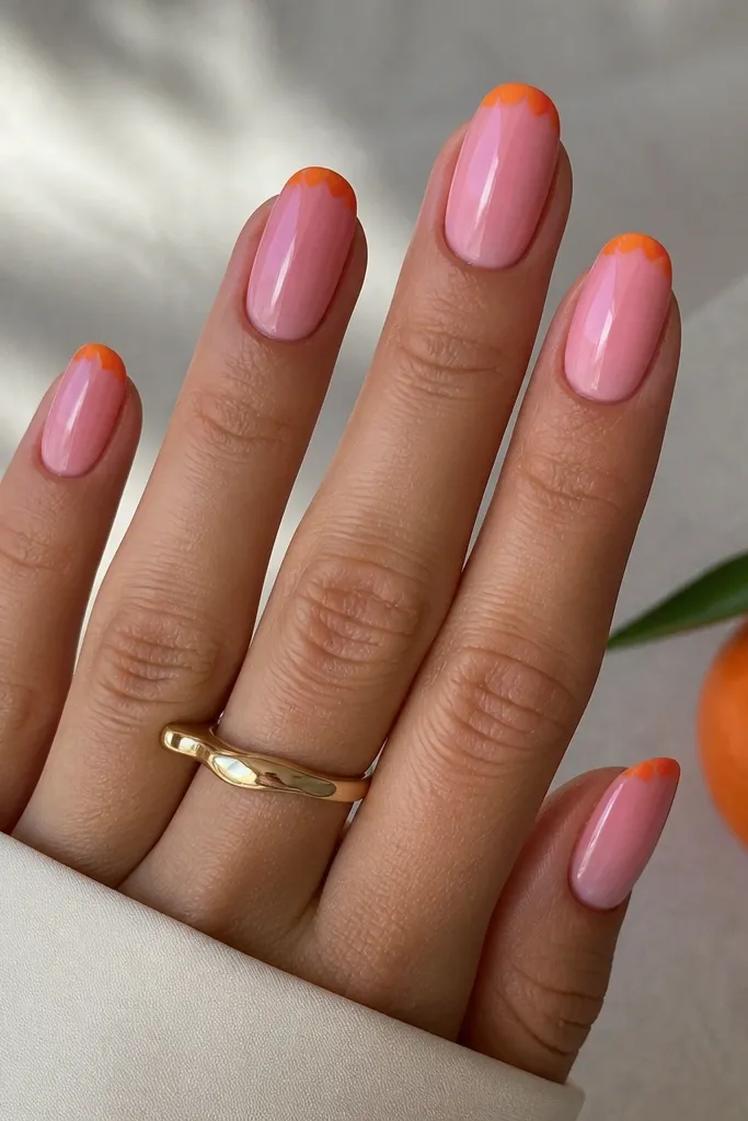 Medium oval nails with glossy pink jelly. The tips have orange scallops like tiny half-circles across the edge, evenly spaced and crisp.