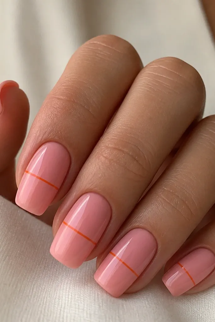 Long squoval nails painted glossy pink. A thin orange line runs horizontally across the middle of the nail like a waterline, with a clean split between pink sections.