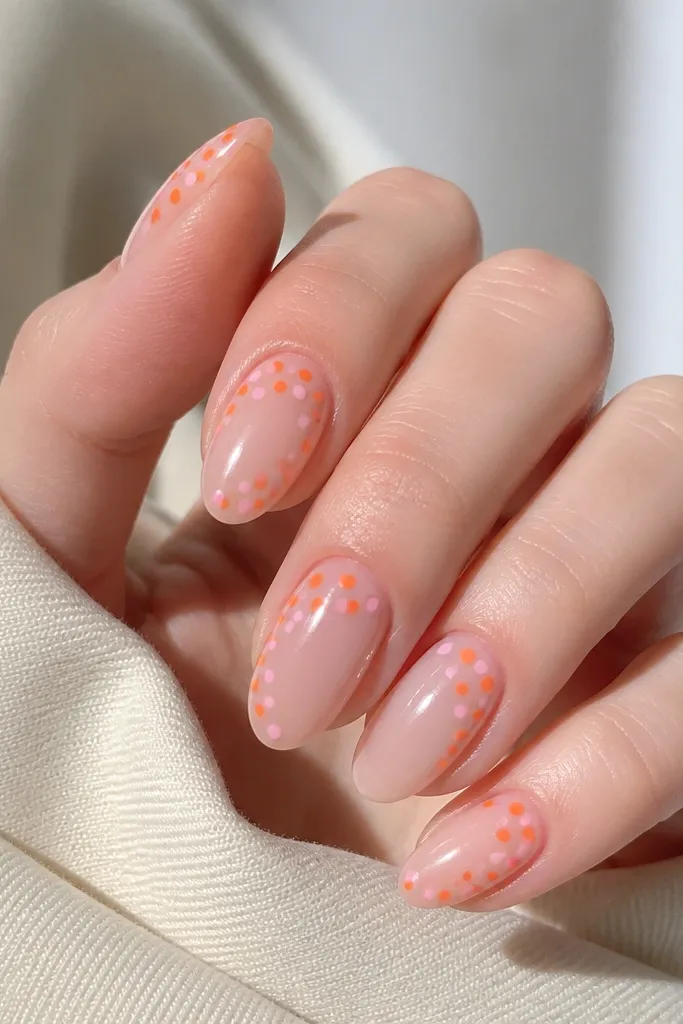 Short almond nails with a sheer nude-pink base. Orange and a slightly lighter pink polka dots are scattered mostly near the cuticle and along one side, all glossy.