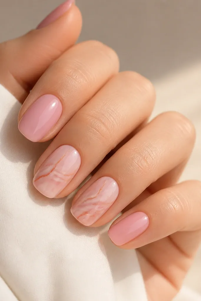 Two accent nails show soft pink marble swirls on a sheer base, with thin orange vein lines running through the marbling. The other nails are plain glossy pink.