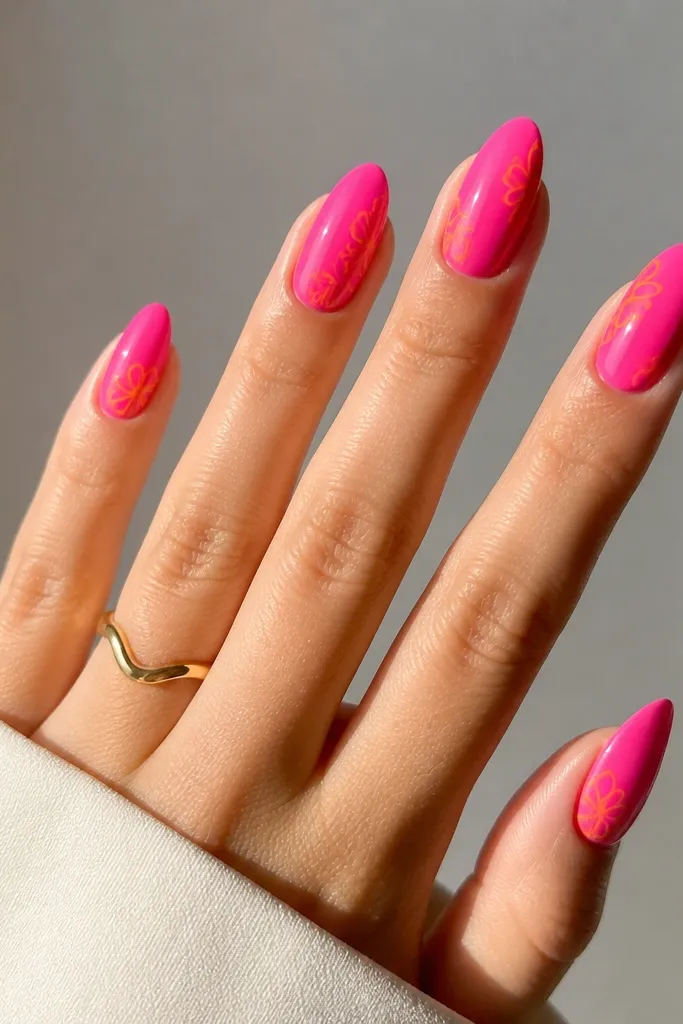 Medium almond nails in bright hot pink. On each nail, a small orange outline flower sits toward the sidewall, with a clean negative space around the petals and a glossy finish.