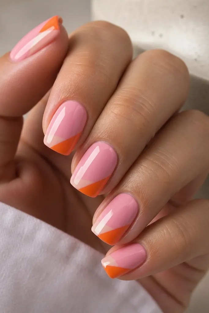 Square nails painted pink, with the tips split into two halves: orange on one side edge and negative space on the other. The design has a sharp diagonal trim and glossy finish.