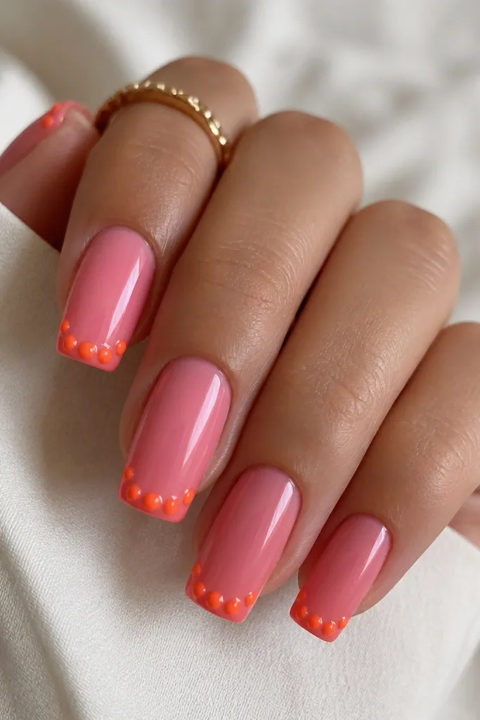 Coffin-short nails in glossy pink with three to four orange bubble dots clustered along the tip edge, like tiny raised beads. The rest of the nail is smooth and shiny.
