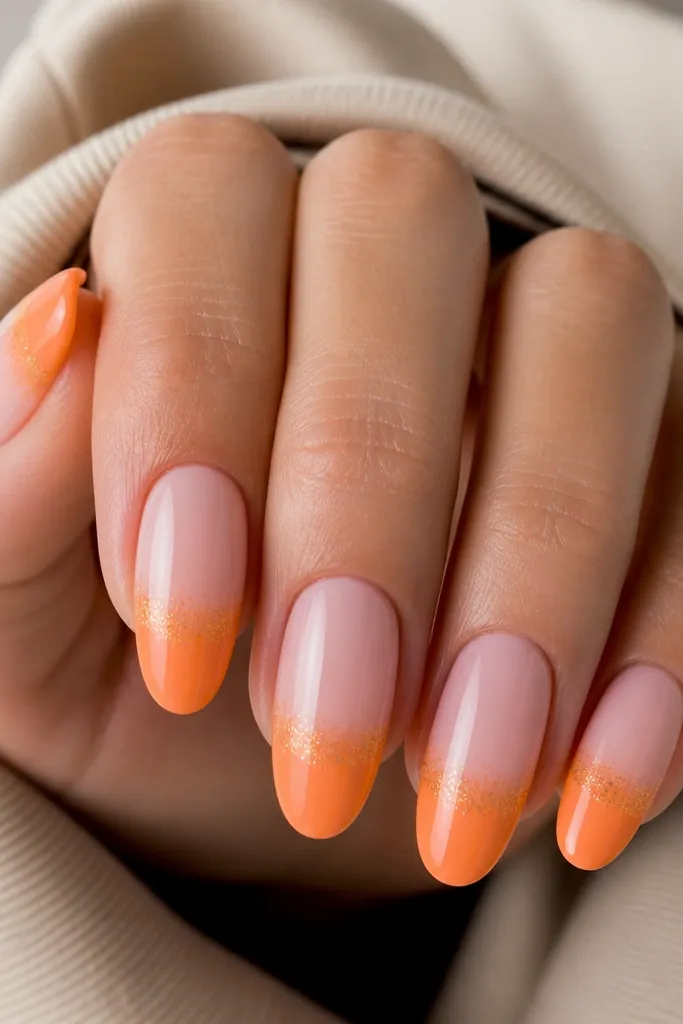 Medium oval nails with a smooth pink-to-orange gradient at the tips. A thin halo of fine orange glitter sits right where the gradient meets the pink, creating a sparkle ring.