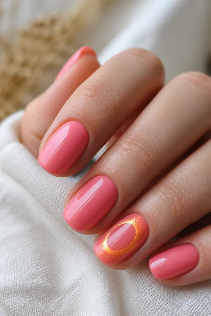 Nails are glossy pink. One accent nail has an orange cat-eye effect ring outlined around the center, creating a magnetic shine that curves across the nail. Other nails stay plain pink.