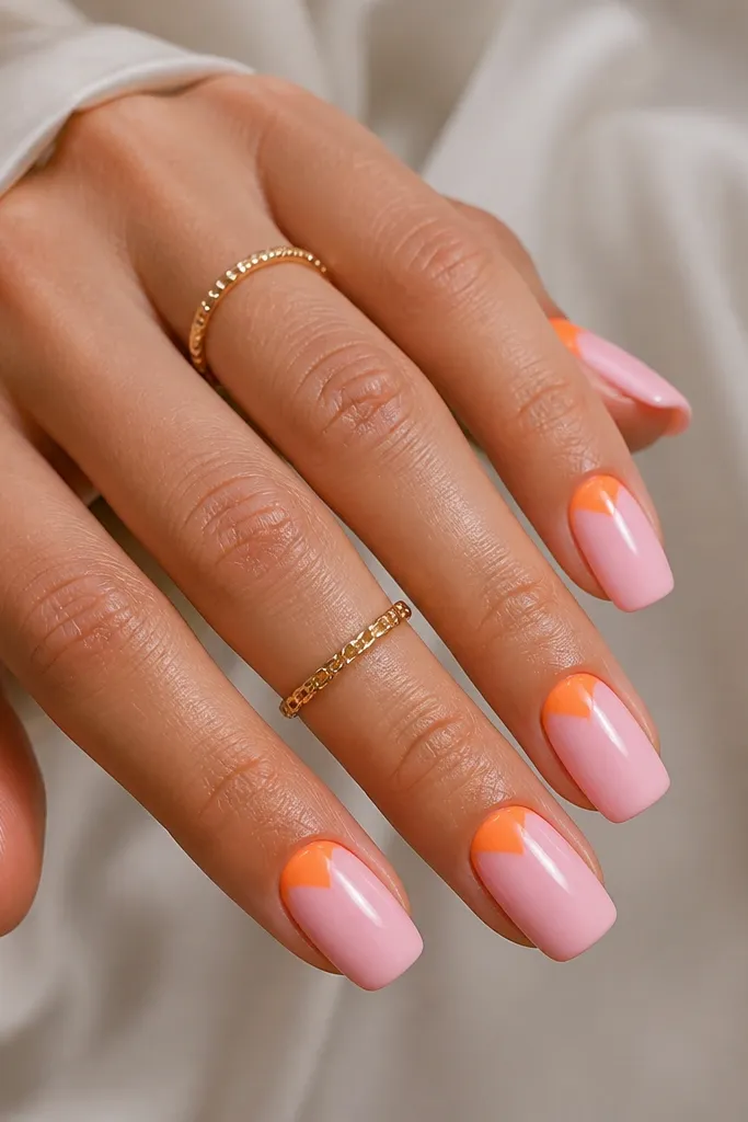 Medium squoval nails with a glossy pink base. At the cuticle, there is a V-shaped orange French that points upward, leaving a clean V negative space and sharp edges.