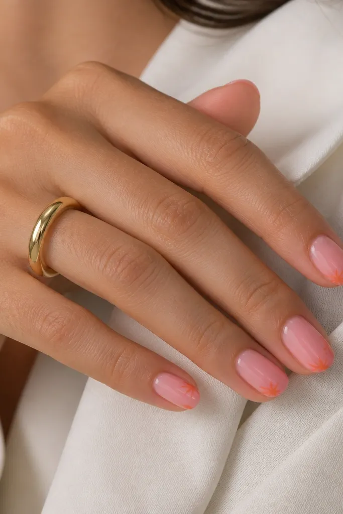 Short-to-medium nails in glossy pink with tiny orange starburst shapes at the tips. Each starburst has 6-8 thin rays, leaving the center mostly negative space or a small dot.
