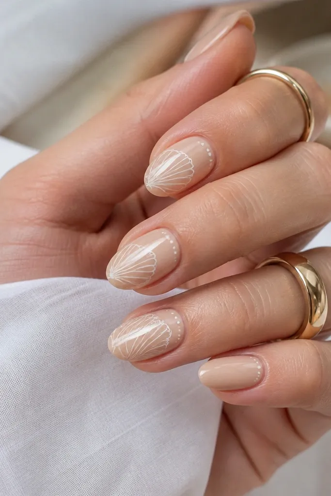 Short almond nails in creamy sand nude with ultra-thin pearl-white shell line drawings, tiny dot accents near the cuticle, and a glossy top coat.