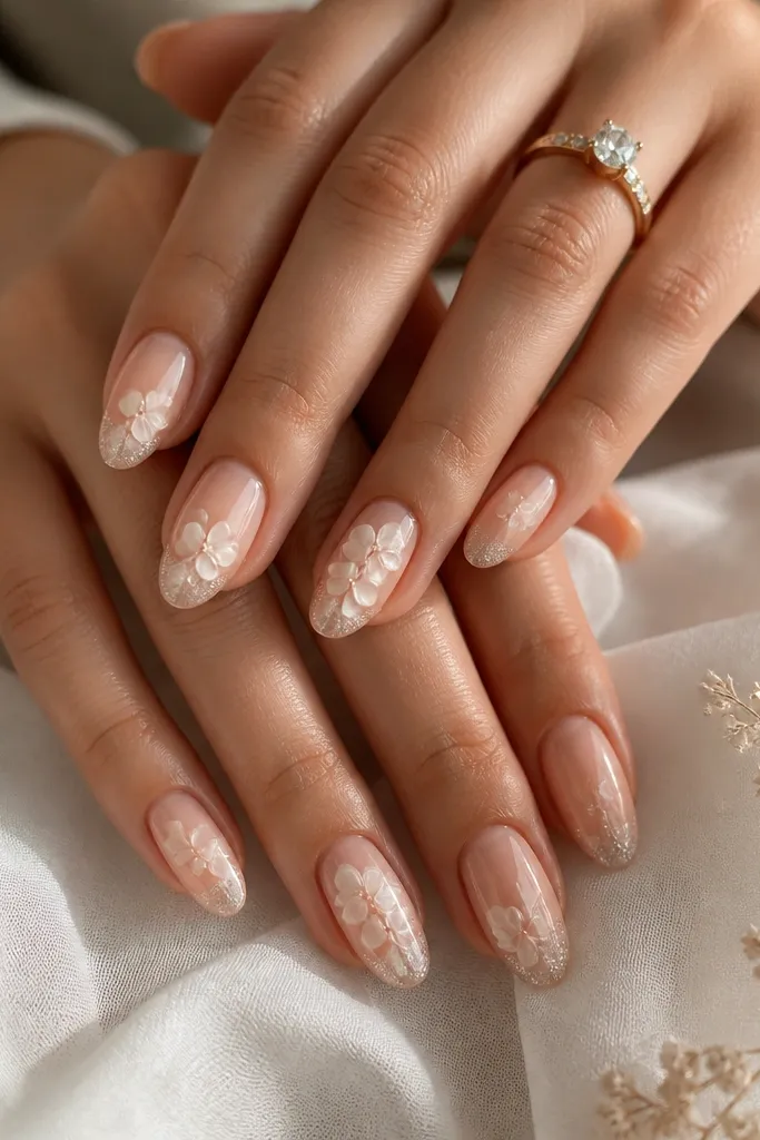 Medium almond nails with a peachy nude base, milky white shell blooms clustered at the center, and soft shimmer at the tips.