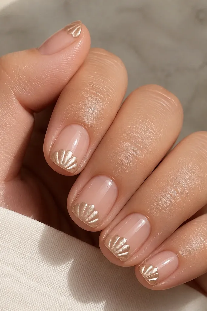 Short square nails with warm nude base and champagne metallic shell tips shaped like scallops along the free edge.
