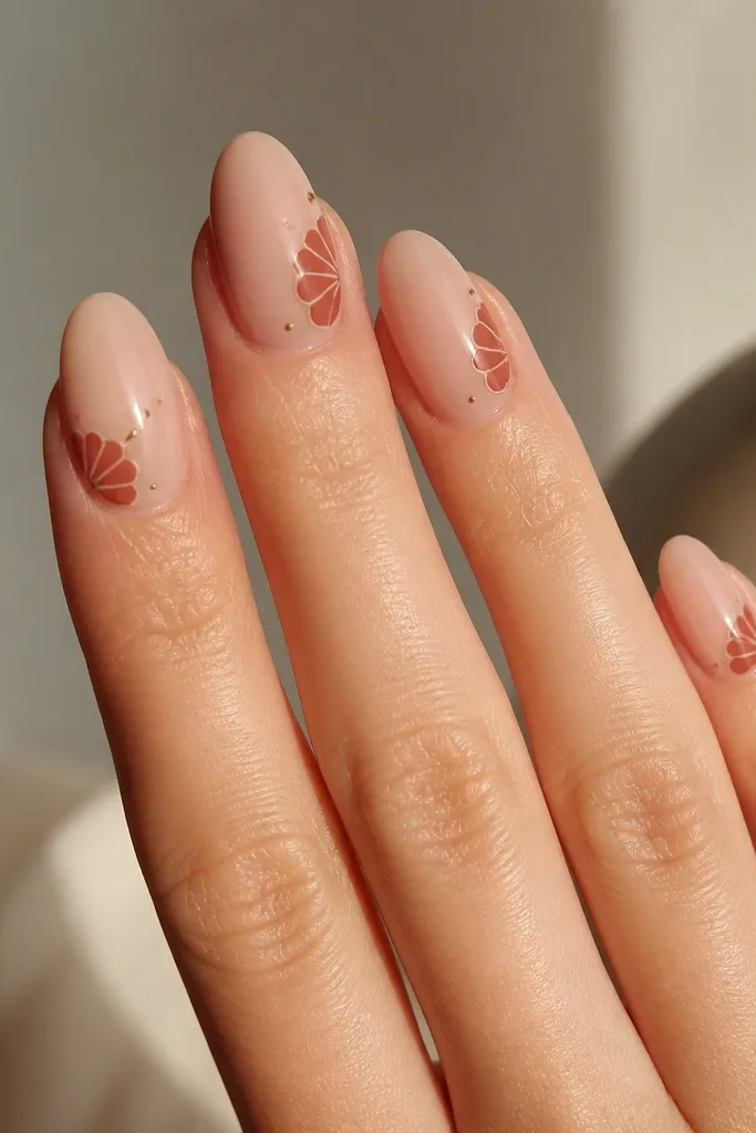 Almond nails with nude pink base, terracotta half-moon shell motifs at the sides, and tiny gold dot highlights near each motif.