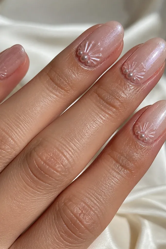 Sheer blush nails with raised 3D seashell bumps clustered at the cuticle, pearl shimmer underneath, and glossy finish.