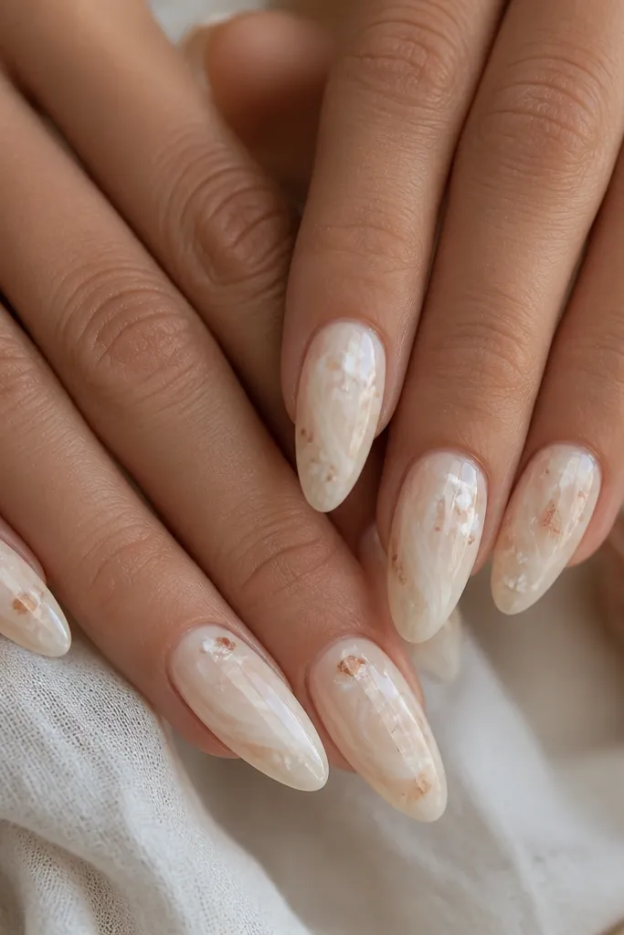 Medium almond nails with oat milk marble swirls in cream and beige, scattered tiny seashell speckles in pearl and soft brown, glossy top coat.