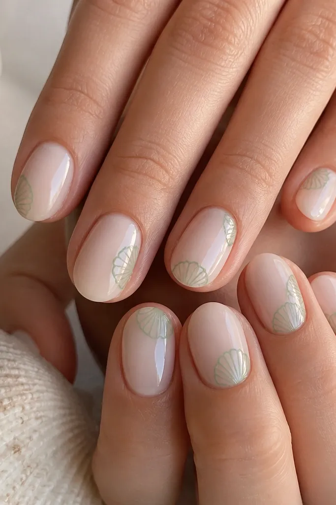 Short oval nails with milky nude base, tiny seafoam green shell outlines along the sides, and a soft glossy finish.