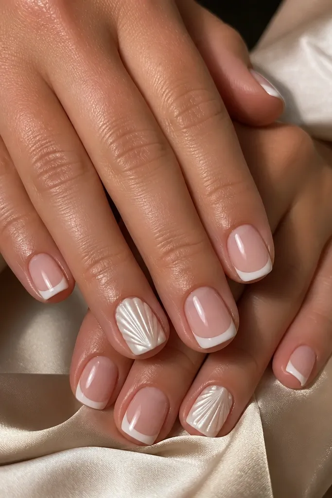 Short square nails with warm white French tips, a single seashell ridge accent on each ring finger, and glossy finish.
