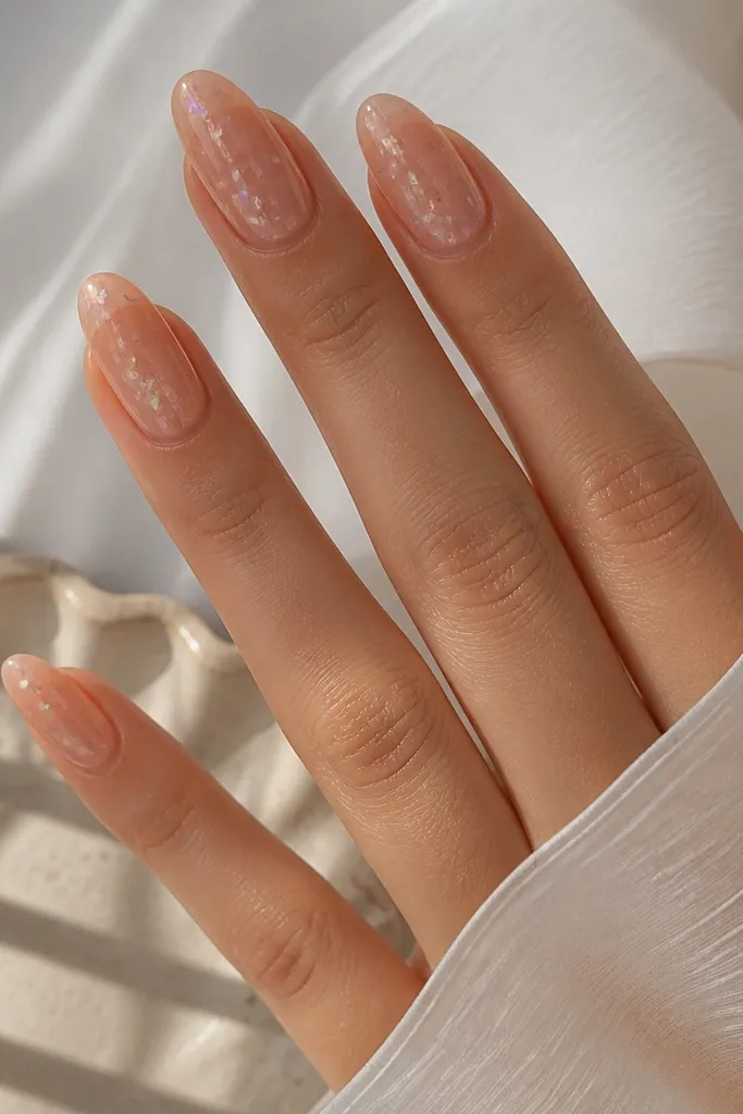 Medium almond nails in soft peach gloss, with embedded tiny iridescent shell glitter suspended under a clear gel layer.