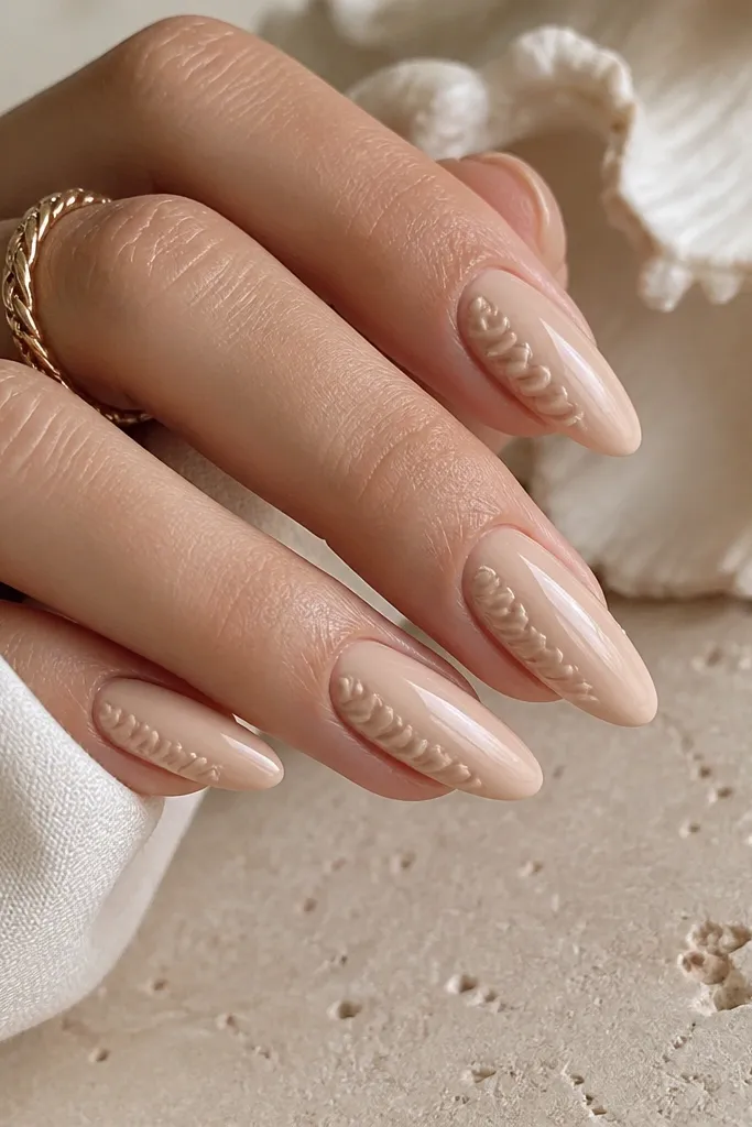 Almond nails in sand beige with scalloped seashell patterns along both sidewalls, and a glossy sheer finish.