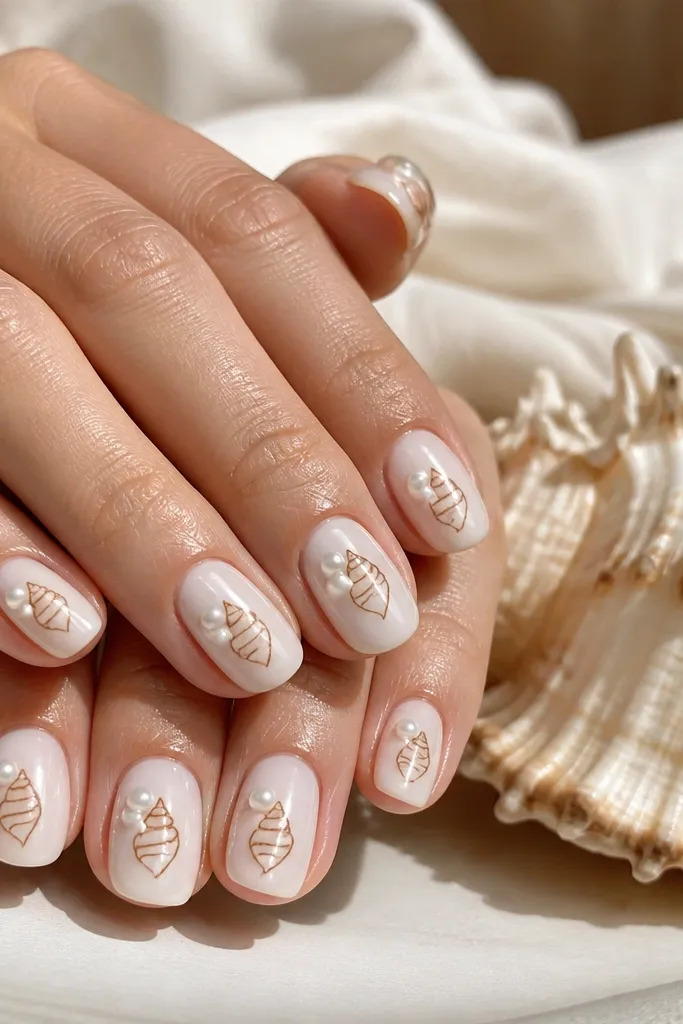 Short oval nails with pearl milk polish, each nail has a single conch shell outline in warm brown with a few pearl dots, glossy top coat.