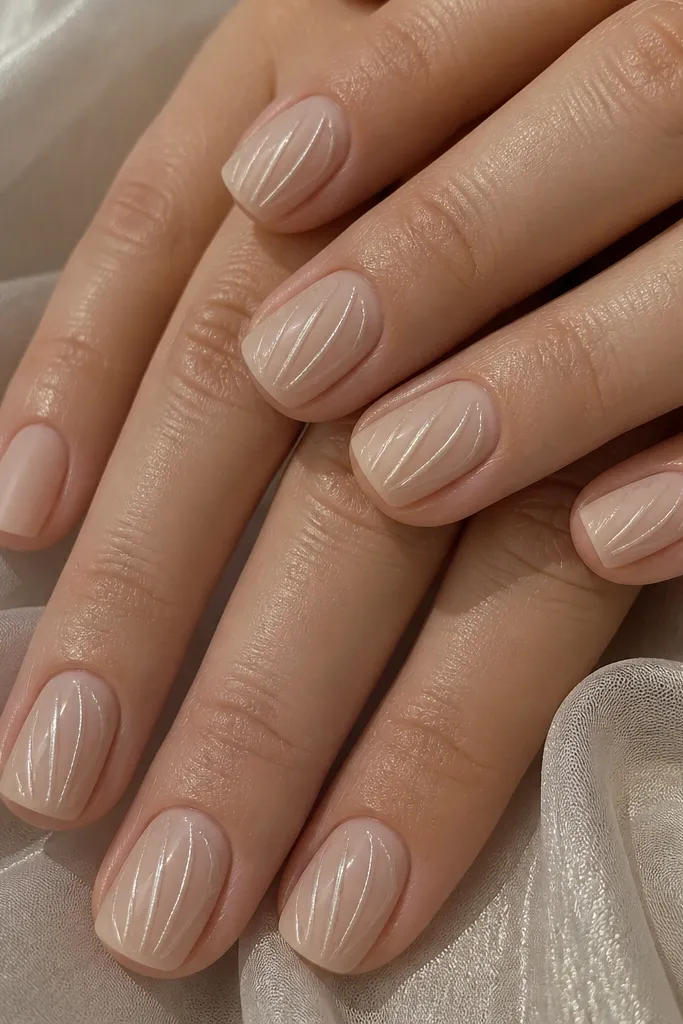 Short square nails in satin nude (matte look) with glossy shell ridge highlights drawn in white-pearl along the center, and glossy only on the ridges.