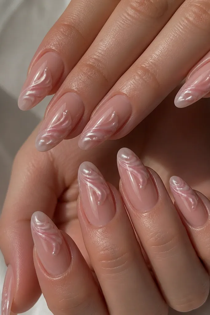 Almond nails with warm nude base and rose quartz swirls, each swirl ends in a tiny shell ridge dot, glossy top coat.