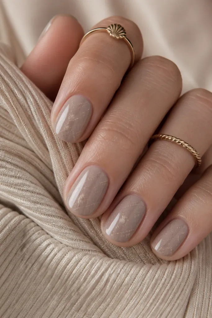 Short oval nails in taupe sand nude with a faint micro grid pattern and tiny seashell icons at each intersection, glossy finish.