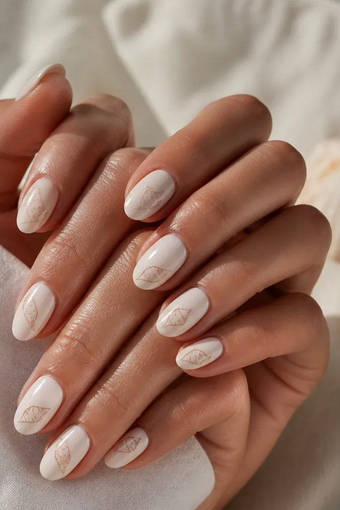 Short almond nails in warm white, scattered tiny conch shell outlines in warm brown across each nail, and glossy finish.