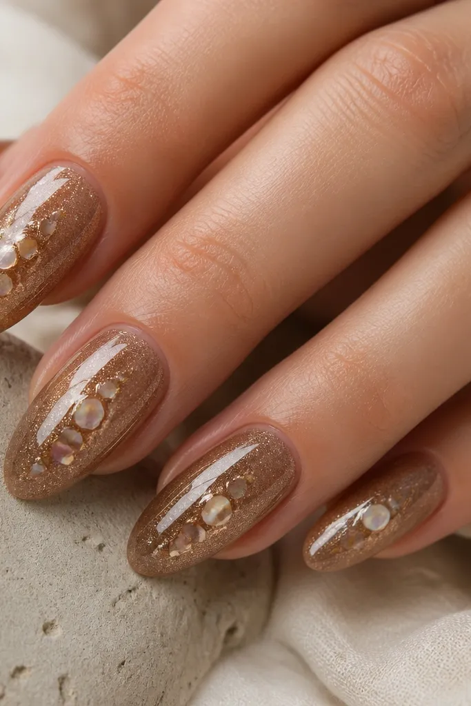 Almond nails with bronze sand glaze effect, tiny embedded shell foil fragments near the center, and glossy top coat.