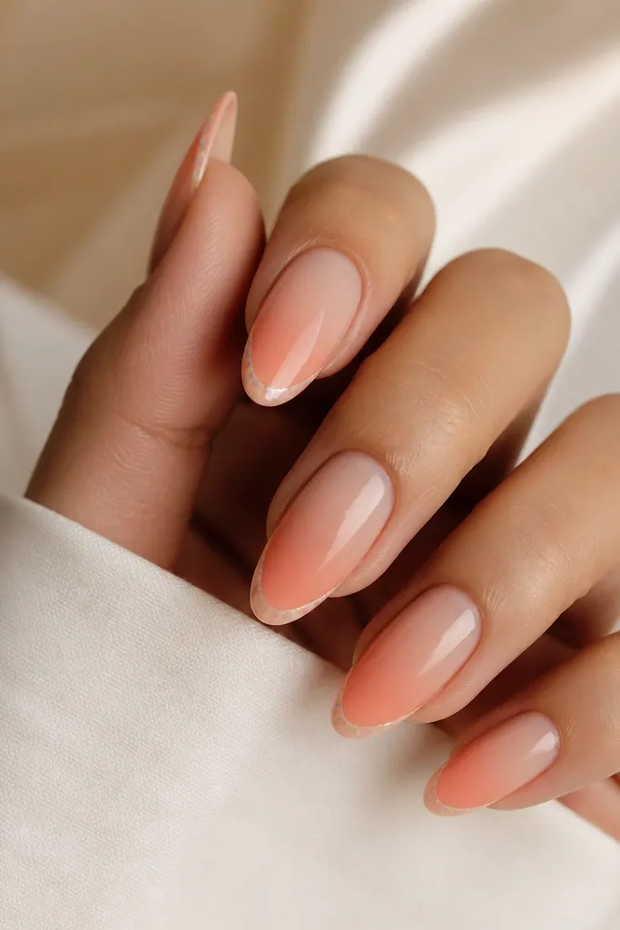 Medium almond nails with peachy nude ombré fading from nude at cuticle to soft coral at tips, and a thin shell ridge French line.