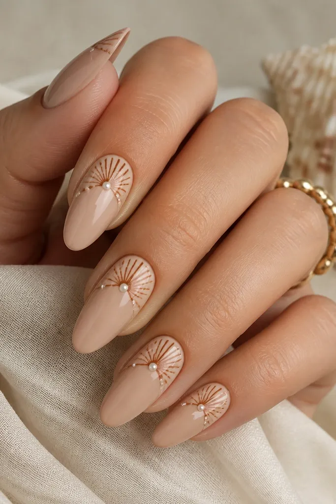 Almond nails in sandy nude with a half-plate seashell pattern covering the top half, warm brown outlines, and tiny pearl dots, glossy.