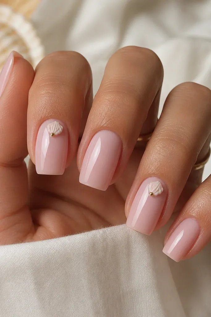 Medium square nails in sea salt pink with tiny pre-made mini seashell charms near the cuticle on two accent nails, glossy.