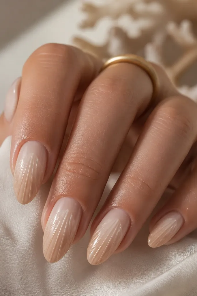 Almond nails with sandstone ombré from nude cuticle to deeper sand tips, clear gel shell ridges etched on top, glossy.