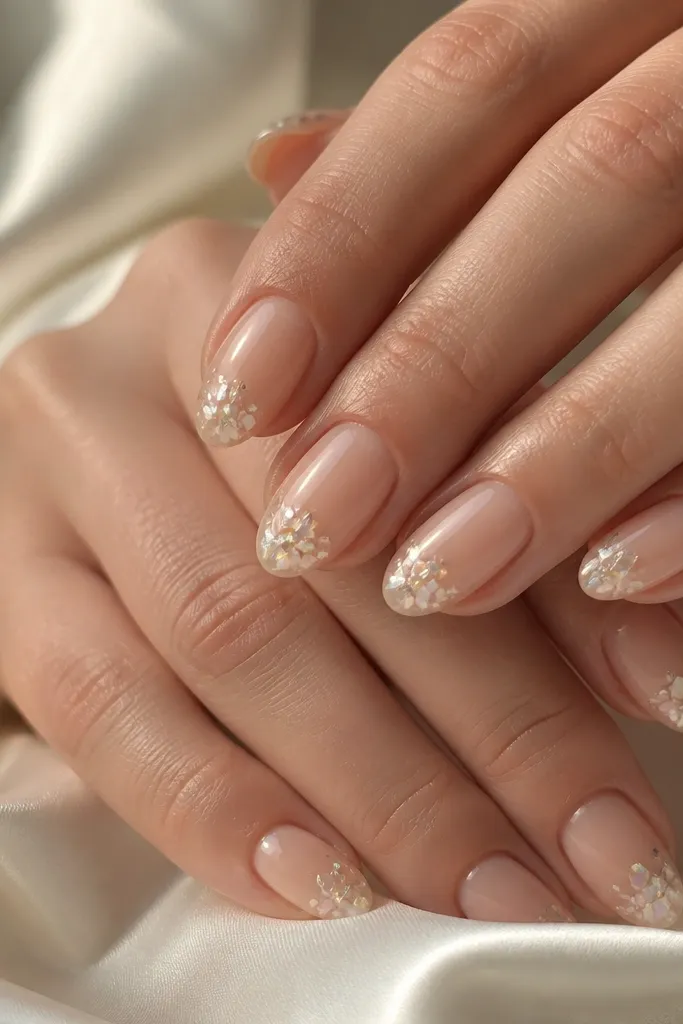 Short almond nails in warm nude with scattered iridescent shell confetti flakes concentrated near the free edge, glossy top coat.