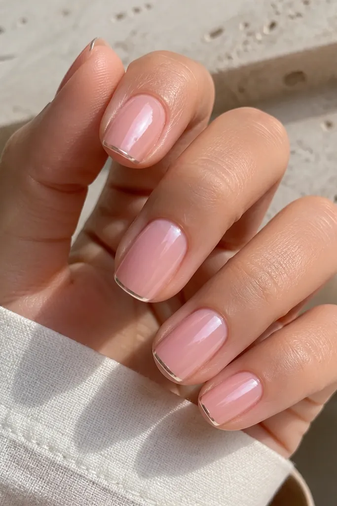 Short-to-medium square nails painted a translucent icy bubblegum pink. Each nail has a razor-thin chrome line only along the outer edge near the tip, with a high-gloss shine.