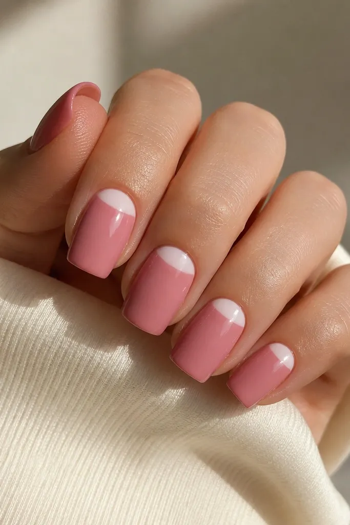 Square nails in soft rose pink with a milky white half-moon at the cuticle area. The rest of the nail is solid rose, glossy and smooth with no gradient.