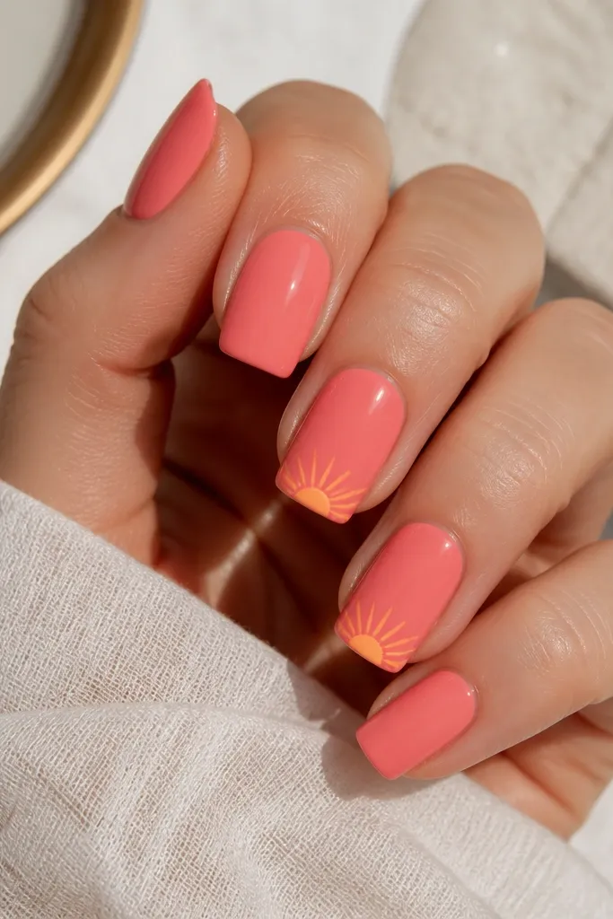 Square nails painted pink coral. On two accent nails, the tip has a tiny sunburst pattern made of thin yellow lines radiating from the center, all glossy.