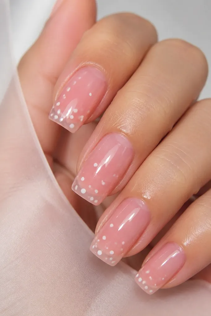 Translucent jelly pink square nails. White dots of different sizes float near the tip area, like bubbles, with a glossy wet look top coat.